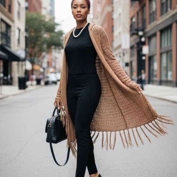 Fringed Tan Cardigan excellent for adding to your l outfits. - Picture 6 of 13